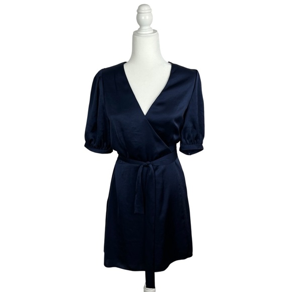 ARITZIA WILFRED Free Lune Classy Navy Blue Satin Puff Sleeve Wrap Dress Medium - Picture 2 of 13